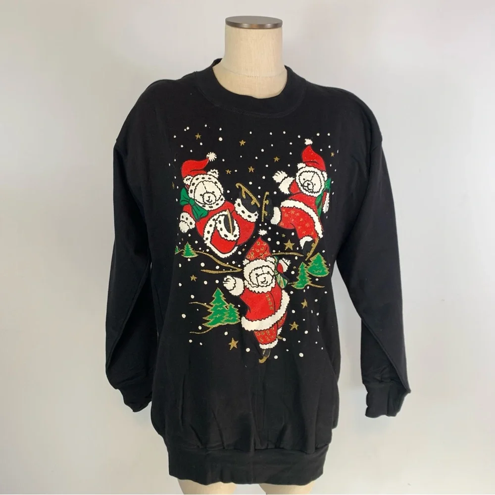 Vintage Christmas Holiday Santa Teddy Bears Red Black Sweater Pullover Crewneck